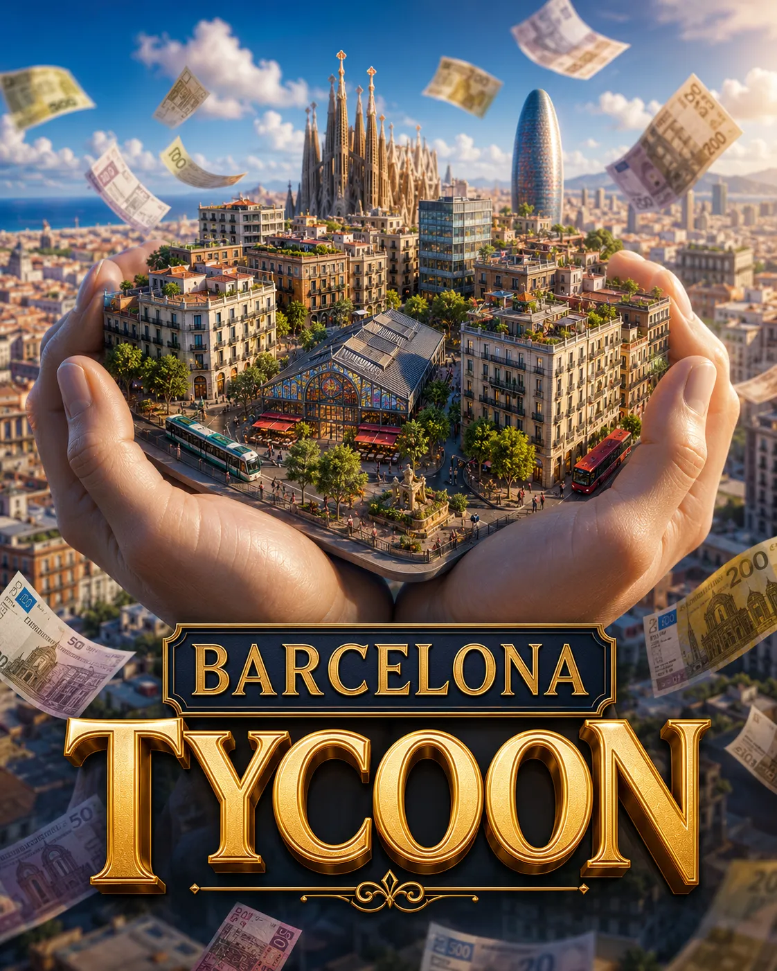 La portada de Barcelona Tycoon: dos manos sosteniendo una Barcelona en miniatura, con billetes de euro flotando junto a la Sagrada Família.